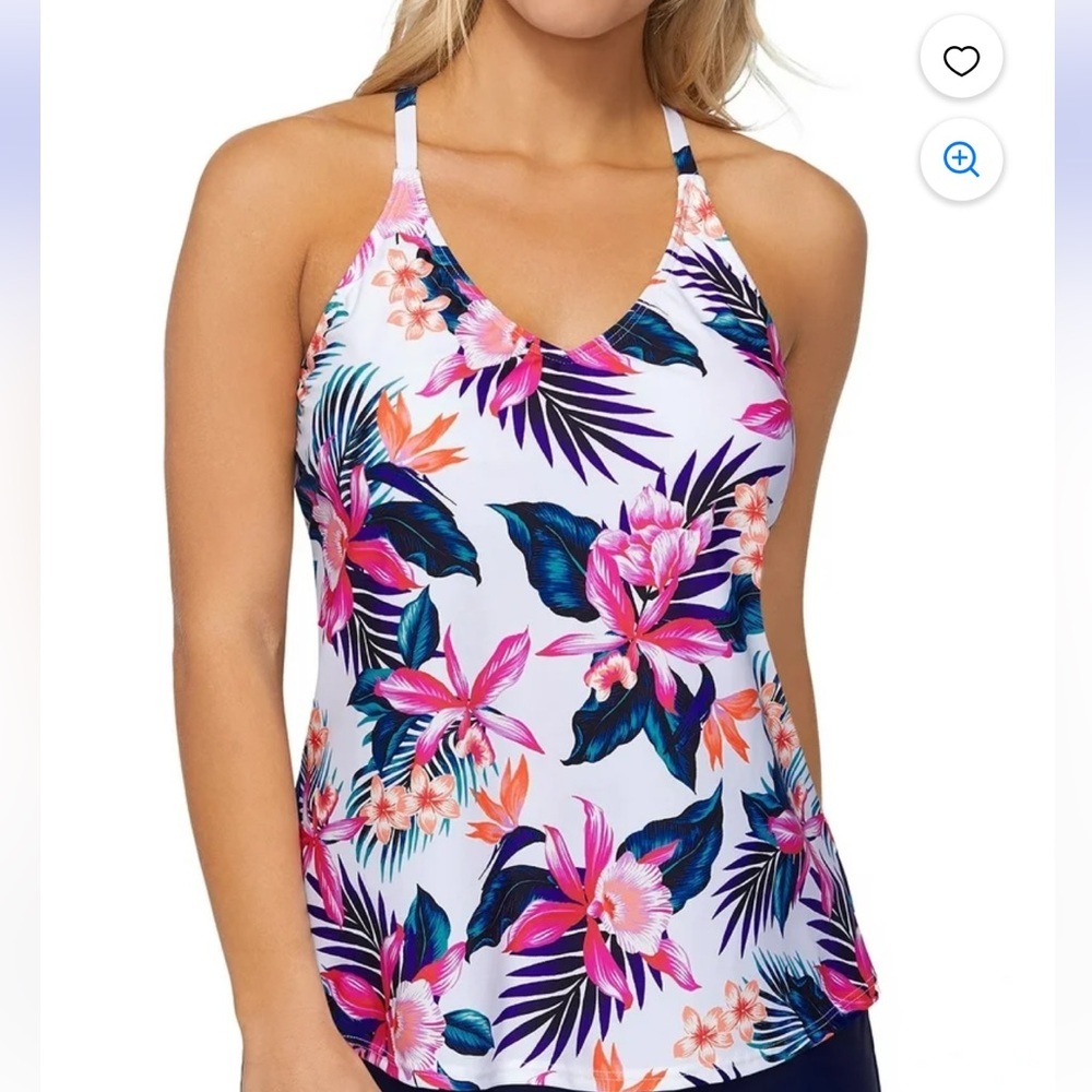 Island Escape Maya Bloom Printed Racerback‎ Tankini Swim Top White Size 10
